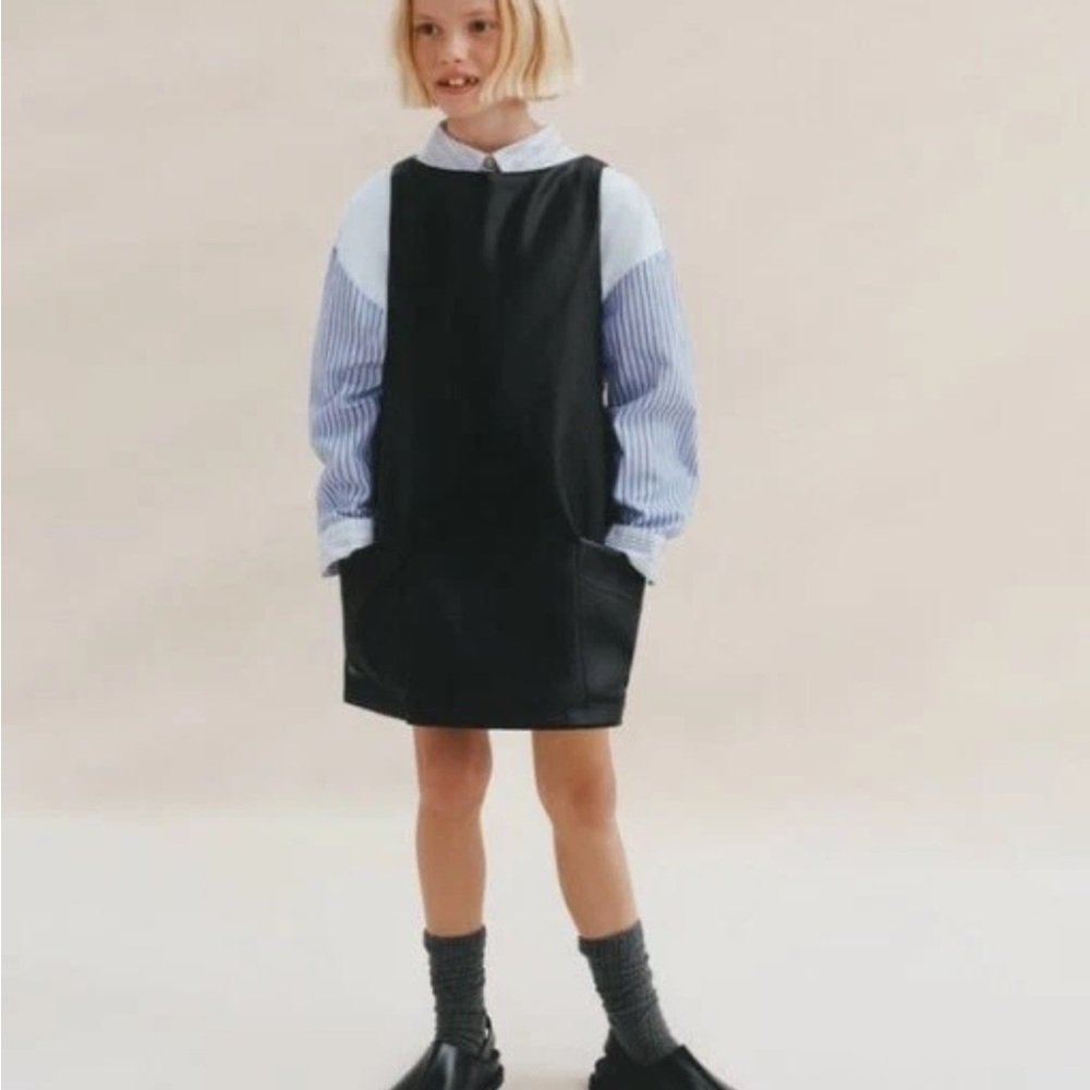 ZARA Black Faux Leather Pinafore Dress, Size 7